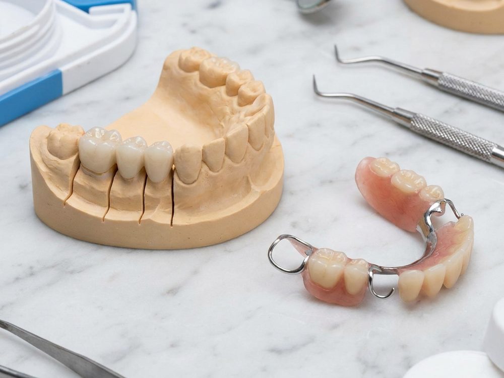 Prótesis dental removible junto a un modelo con coronas fijas